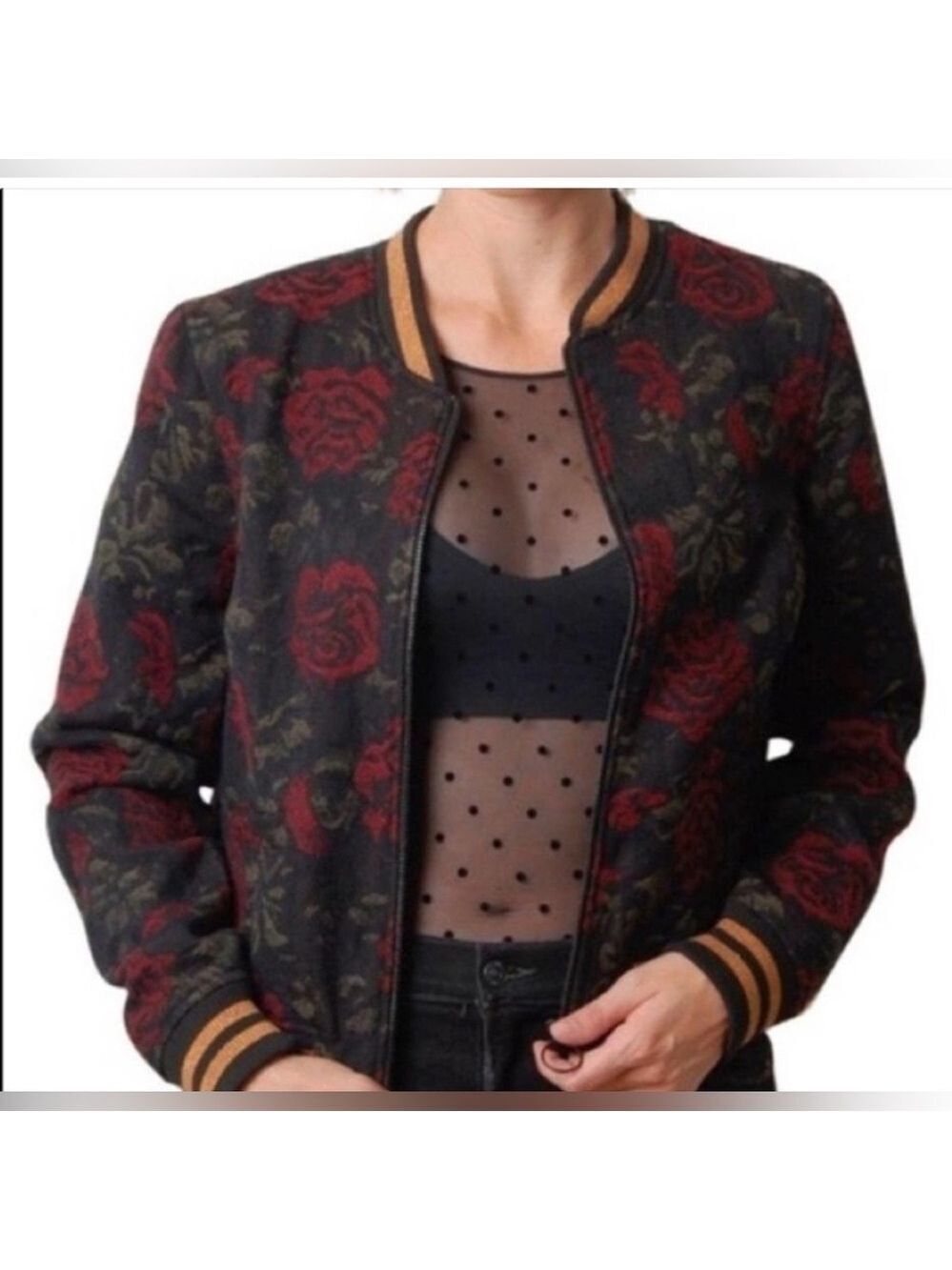 Sanctuary Rose Seduction Wool Blend Jacquard Floral Bomber Varsity Jacket XS